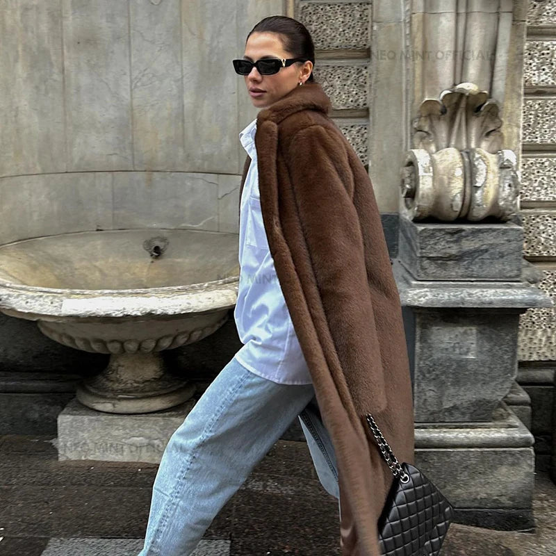 Winter Luxury Faux Mink Fur Coat Women Iconic Brand Long Outerwear Jacket Crystal Hooks Street Style Warm Overcoat