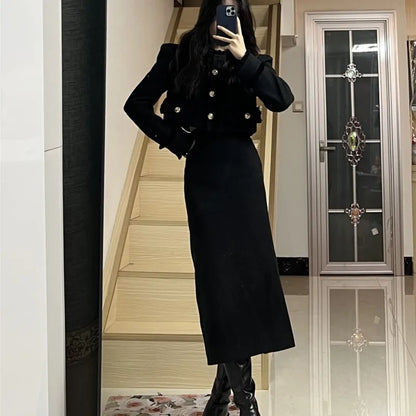 Korean Fashion Elegant Two-piece Skirt Sets Women Crop Jacket Coat Bodycon Midi Skirt Autumn Winter New Female Luxury Outfits