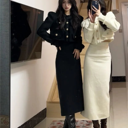Korean Fashion Elegant Two-piece Skirt Sets Women Crop Jacket Coat Bodycon Midi Skirt Autumn Winter New Female Luxury Outfits