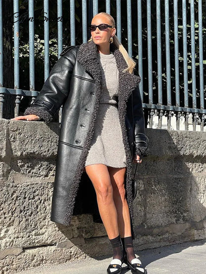 Fashion Lamb Wool PU Leather Long Jacket Women With Belt Patchwork Lapel Pocket Oversize Overcoat  Winter Warm Thick Outwear