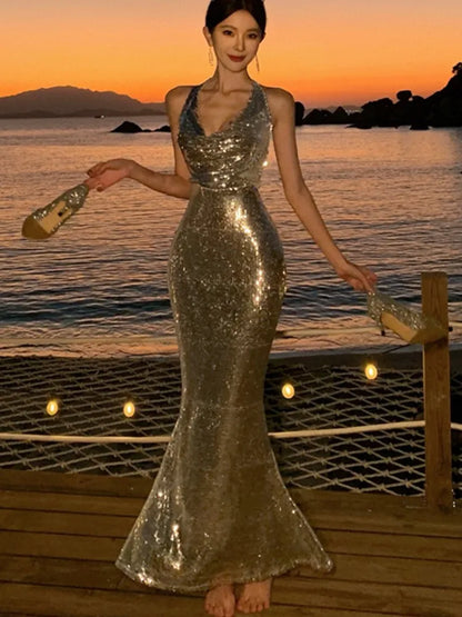 Sexy Bodycon Sequined Prom Robe V-neck Backless Sleeveless Evening Party Dress Wedding Slim Mermaid Long Dresses for Women New