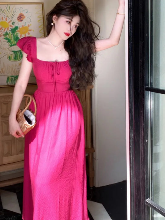 Elegant Vintage Midi Dresses for Women Summer New Square Collar High Waist Princess Party Dress Casual A-line Vestido Mujer