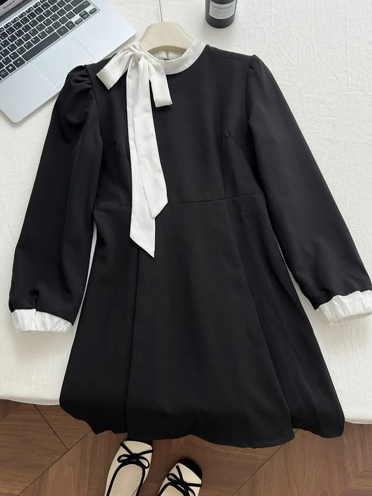 Elegant Evening Dresses for Women Patchwork O-neck Long Sleeves A-line Party Dress Korean Fashion French Retro Vestidos Mujer