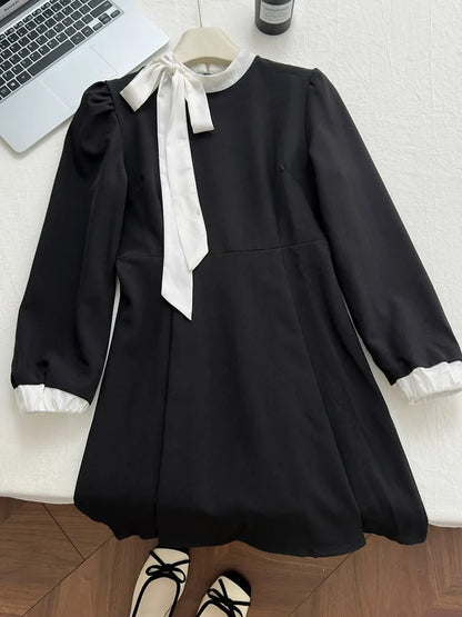 Elegant Evening Dresses for Women Patchwork O-neck Long Sleeves A-line Party Dress Korean Fashion French Retro Vestidos Mujer