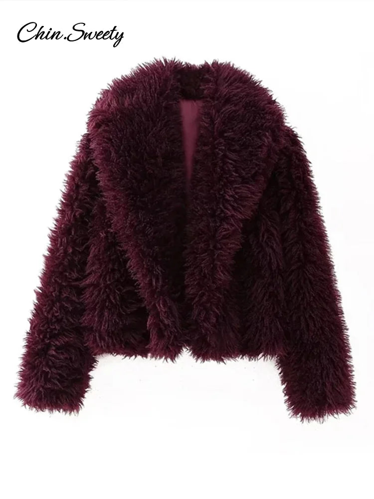 Fashion Women Faux Fur Coat Fluffy Lapel Loose Long Sleeve Burgundy Red Cropped Jacket Female  Winter High Street Outwear