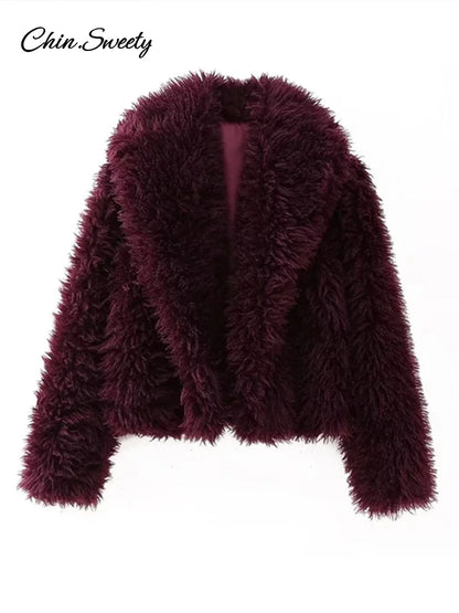Fashion Women Faux Fur Coat Fluffy Lapel Loose Long Sleeve Burgundy Red Cropped Jacket Female  Winter High Street Outwear