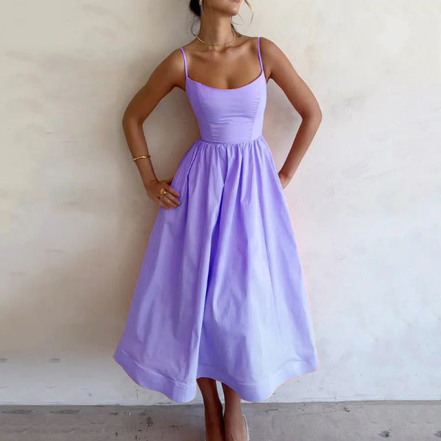 Sexy Solid Spaghetti Strap A-line Maxi Dresses Women Low Cut Sleeveless Big Skirt Dress Summer New Fashion Elegant Party Vestido