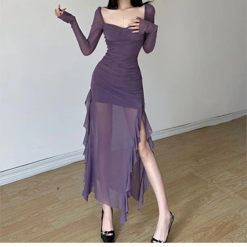 Sexy High Slit Bodycon Midi Dresses for Women Square Collar Long Sleeve Slim Evening Party Dress Club Prom Robe Y2K Vestidos New