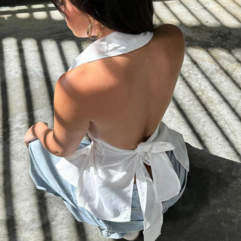 Women Sexy Backless Lace-up Shirt Vest White Halter Sleeveless Turndown Collar Buttons Tank Top Stylish Chic Outfits