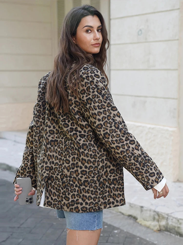 Fall Leopard Print Jacket Blazer Women Lapel One Button Long Sleeve Loose Coat Female  Fashion All-matching New in Outwears