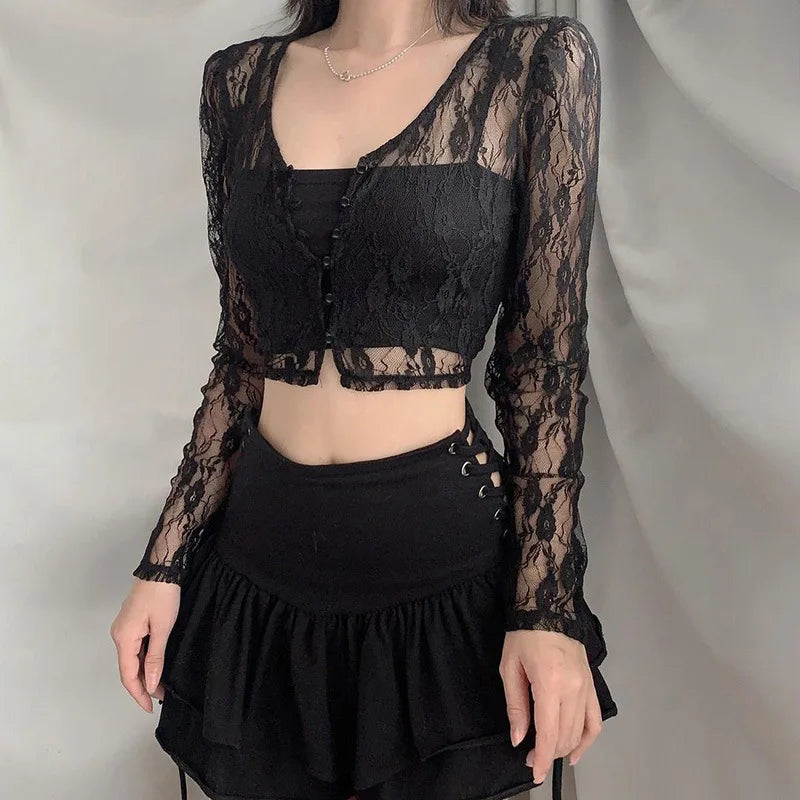 Long Sleeve Cropped Mesh Top