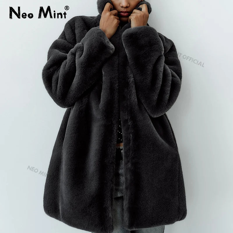 Winter Faux Rabbit Fur Coat Women Brand Designer Thick Warm Outerwear Jacket Fur Collar Classic Dark Gray Overcoat