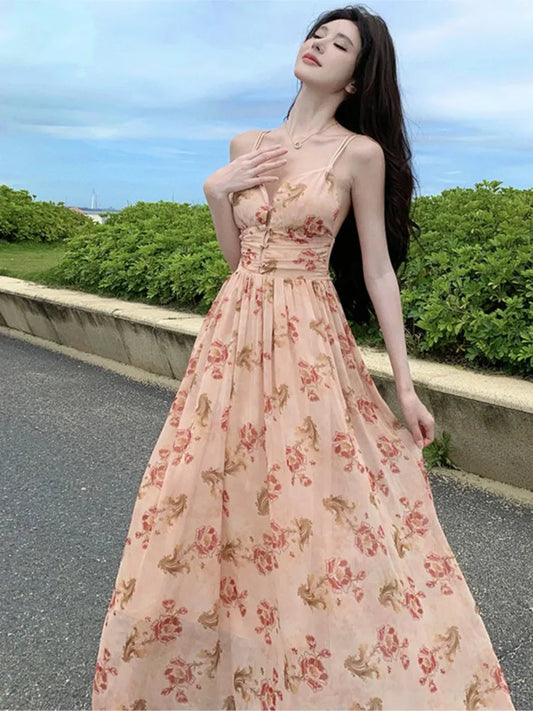 Summer New Spaghetti Strap Floral Long Dresses for Women Backless A-line Beach Style Korean Fashion Party Dress Casual Vestidos