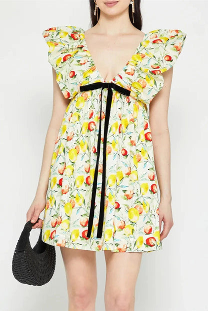 Floral V Neck Puff Sleeve Mini Dress