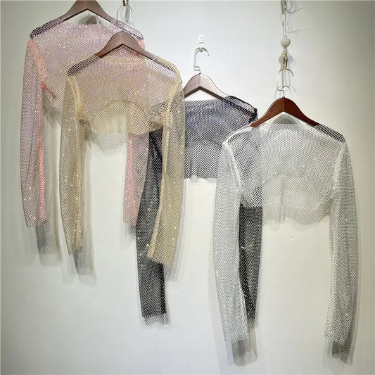 Sparkly Crystal T-shirts O-Neck Hollow Out See Through Tank Tops Night Partywear Crop Shirts Tee Y2K Tops