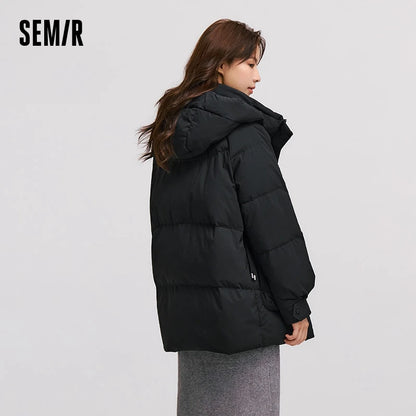 Down Jacket Women Mid-Length Loose Raglan Sleeve Simple Warm Winter Three-Defense Hooded Coat