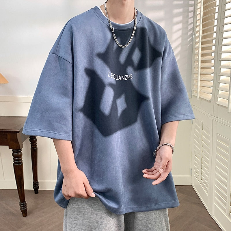 Roland Suede Watermark Short Sleeve T-shirt Korean Style Baggy Y2k Casual Tops M-5X Round Neck Tees