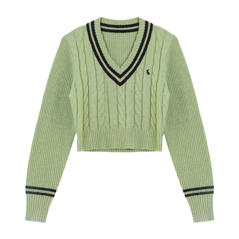 Korean Fashion Sweaters Women Autumn V-neck Y2K Cartoon Embroidery Knitted Tops Winter Soft Basic Long Sleeve Pullovers