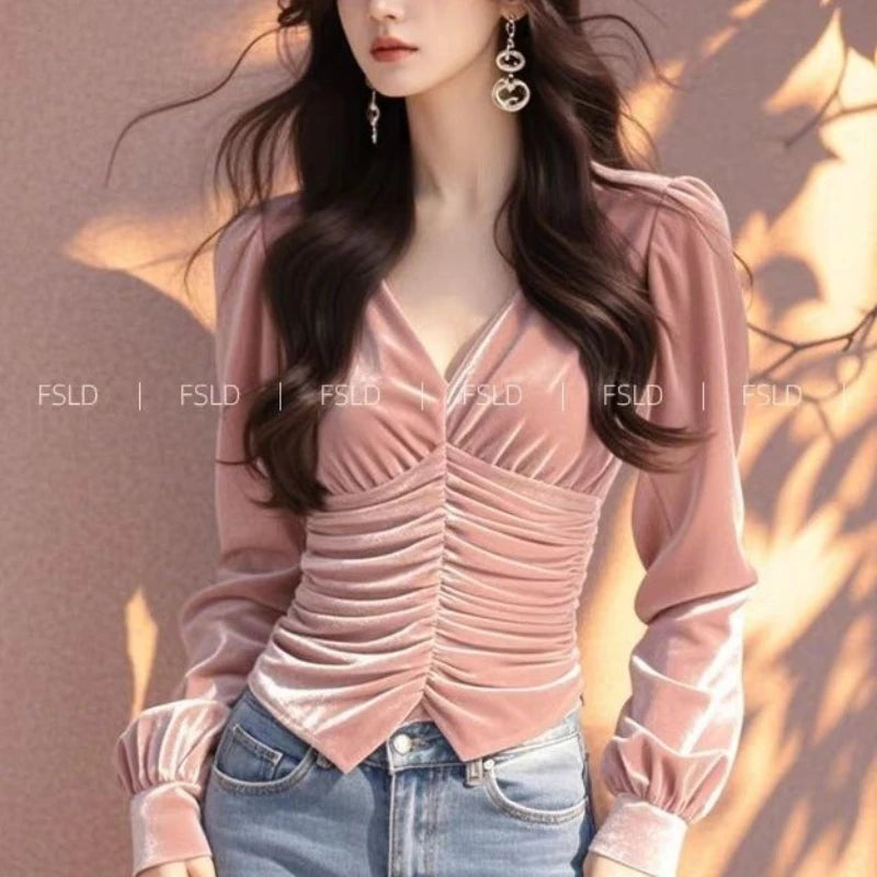 Velvet Long Sleeve T Shirt Women V Neck Casual Lady Tee Youth Elegant Luxury Top Basic Blouse  Fashion New