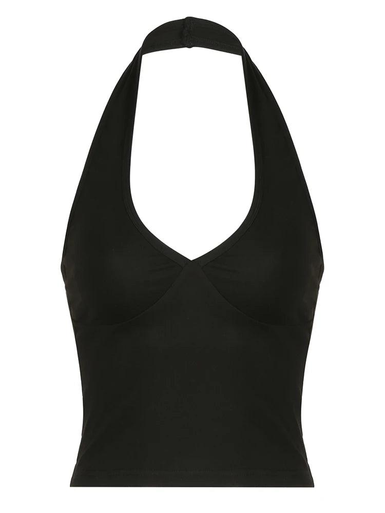 Backless Sexy Halter Tops Women Black Solid Basic V Neck Slim Tank Vest Elegant Crop Top Rave Summer Streetwear Shirts