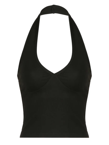 Backless Sexy Halter Tops Women Black Solid Basic V Neck Slim Tank Vest Elegant Crop Top Rave Summer Streetwear Shirts