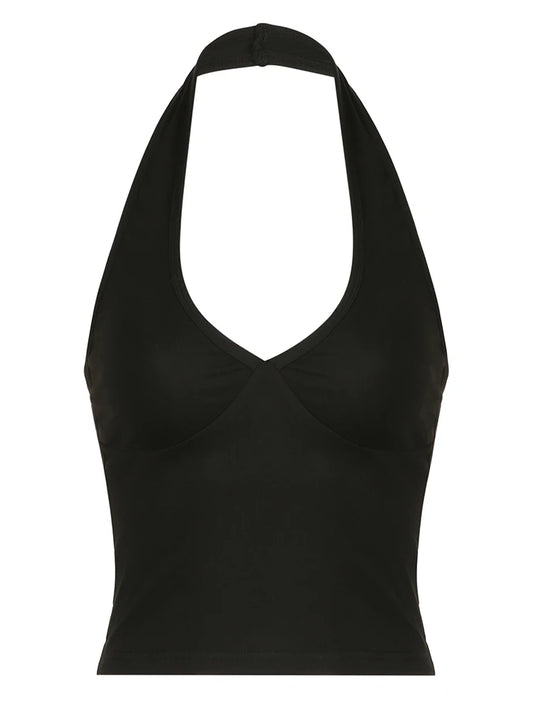 Backless Sexy Halter Tops Women Black Solid Basic V Neck Slim Tank Vest Elegant Crop Top Rave Summer Streetwear Shirts