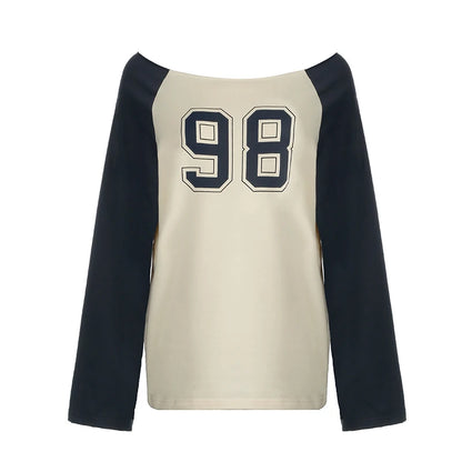 Harajuku Contrast Digital Print Tee Shirt Women Streetwear Autumn Long Sleeve O-neck Y2K Top Grunge Stylish Pullovers