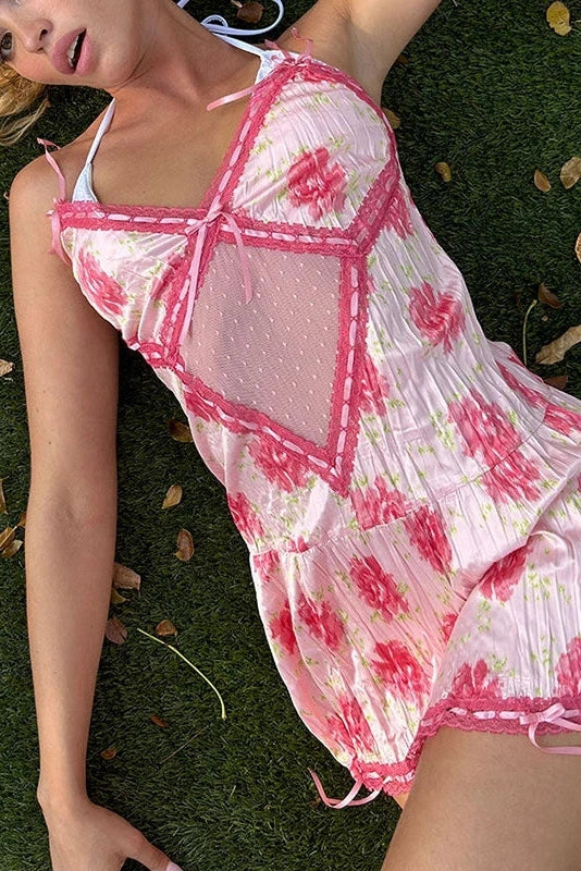 Printed Lace Spaghetti Strap Mini Dress