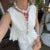 Elegant White Lace Up Tops For Women Pleated O-neck Sleeveless Ruffles Tank  Summer New Chic Lady Party Vacation Vest