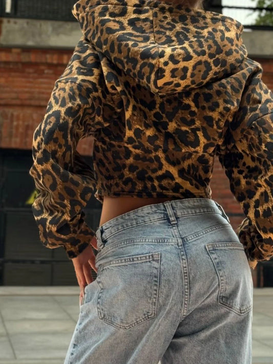 Autumn New Zip Up Hooded Women¡¯s Sweats Long Sleeve Binding Waist Leopard Streetwear Hoodies Gyaru Baddie Y2k