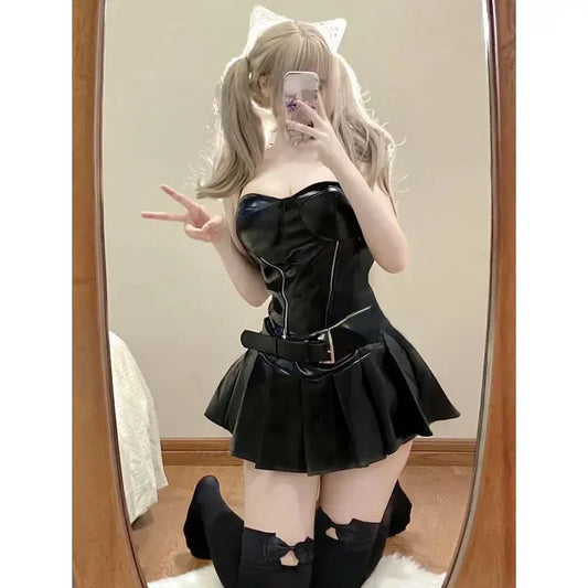 Voguable Cool Black Slim Fit Strapless Tops Women+ Y2k E-Girl High Waist Ruched A-line Skirts Leather Two Piece Sets