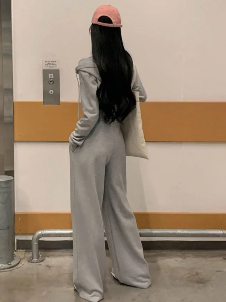 Korean Fashion Streetwear 2-piece Pants Set Women Tracksuit Autumn New Hooded Zip-up Crop Top Long Pants Casual Solid Outfits