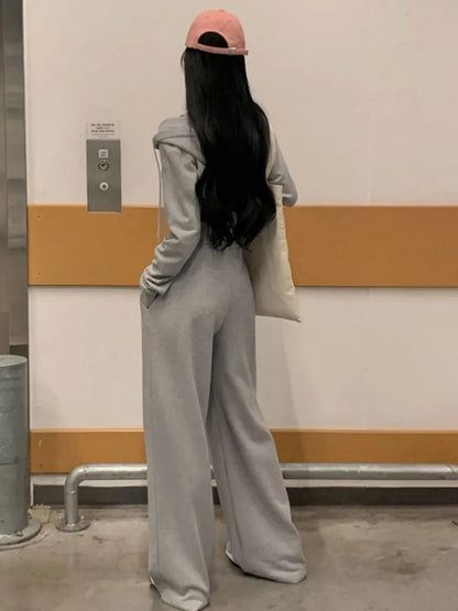 Korean Fashion Streetwear 2-piece Pants Set Women Tracksuit Autumn New Hooded Zip-up Crop Top Long Pants Casual Solid Outfits