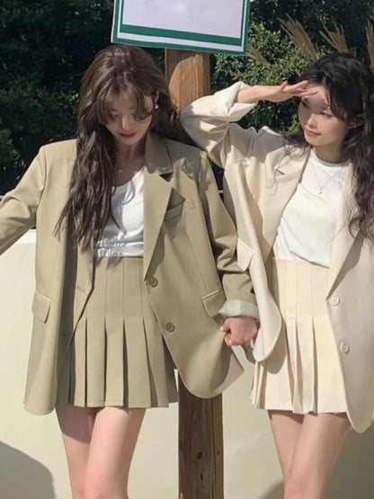 Korean Fashion Solid Two-piece Skirt Set Women Single Breasted Blazer Coat + Pleated Mini Skirt Autumn Office Lady Casual Suits