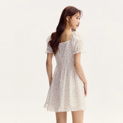 Ruffled Hem Chiffon Mini Skirt Women Floral Print Short Dress  New Square Neck Waist-drawing Romantic Dress