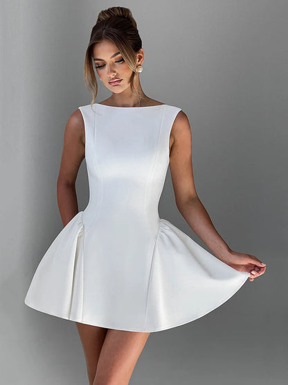 Backless High Waist A-line Sexy Mini Dress For Women Robe Fashion Solid O Neck Bodycon Club Party Sexy Dress Elegant
