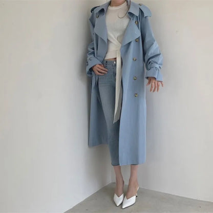 Women Long Trench Coat New Spring Autumn Casual Lapel Double Breasted with Belt Loose Coat Office Lady Korean Fashion Outerwear