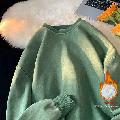 American Washed Old Pullovers Sweatshirts Loose Solid Color Large Size Warm O Neck Tops Hip Hop Y2k Sweatshirt
