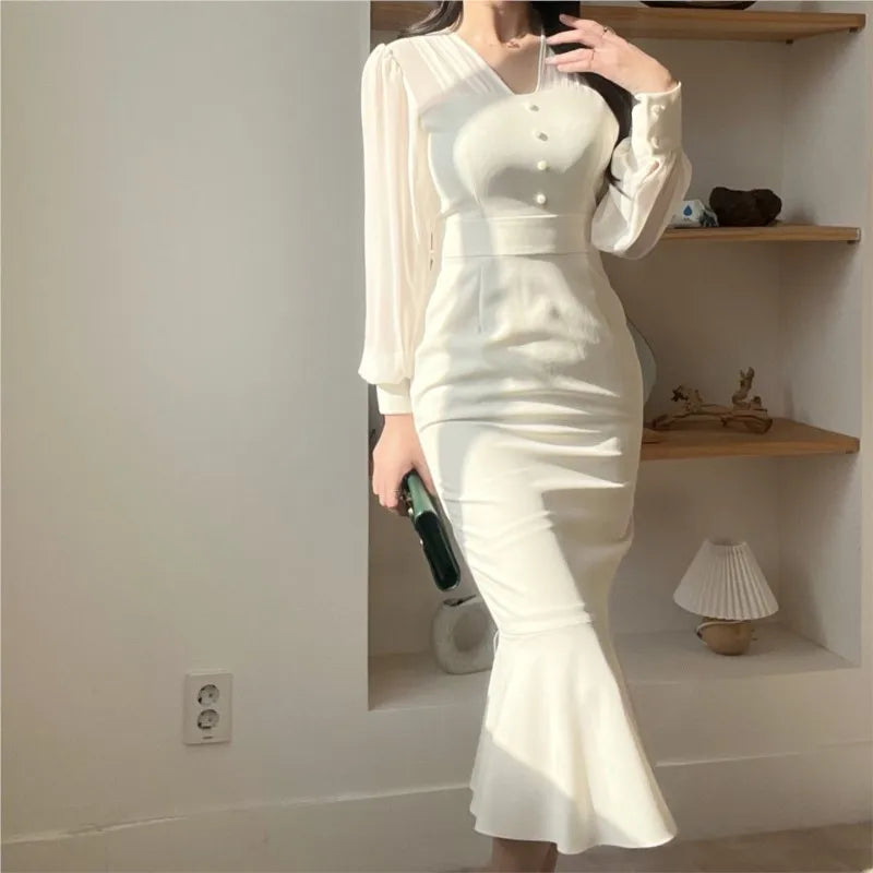 Korean Fashion Bodycon Midi Dresses for Women Mesh Patchwork Long Sleeve Fishtail Office Lady Mermaid Party Dress Slim Mermaid