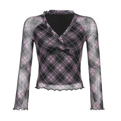 Voguable Y2K Plaid Double Layer Mesh Top Black Ruched V-neck T-shirts Fairy Grunge Long Sleeve Tops Vintage Sweet Bow Tees Fall