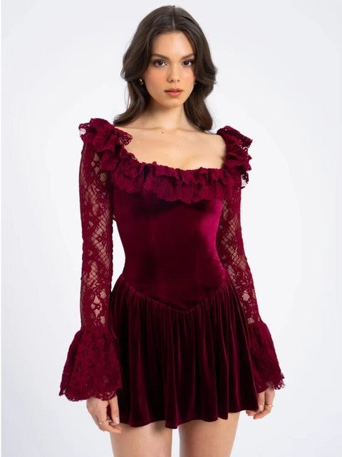 JULISSA MO Patchwork Flare Sleeve Lace Women Mini Dress Sexy See Through High Waist Dress Female Winter New Elegant Party Outfit