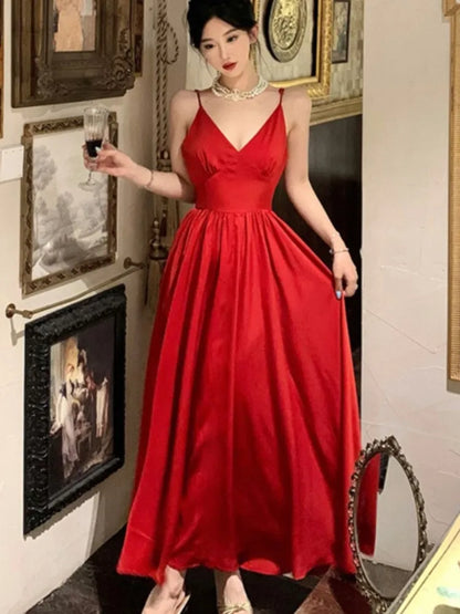 Sexy Spaghetti Strap Evening Party Dress V-neck A-line Solid Vintage Long Dresses for Women Wedding Prom Robe One Piece Vestidos