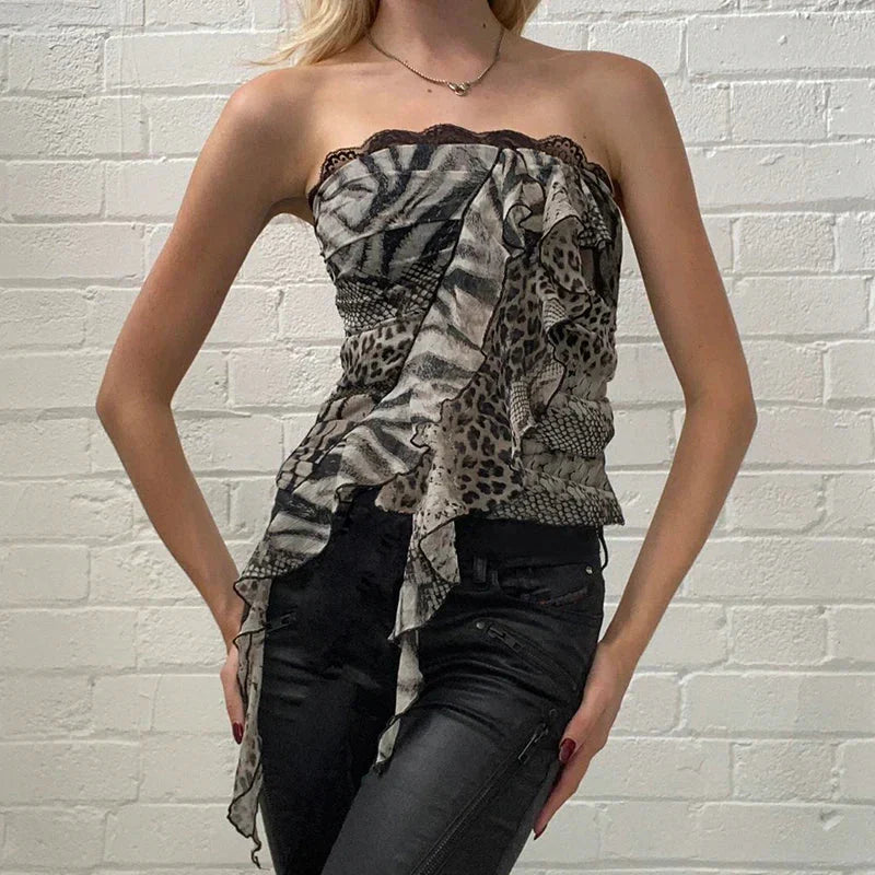 Goth Leopard Print Corset Top Ruffles Patchwork Strapless Skinny Tube Tops Harajuku y2k Cropped Top Streetwear Tees