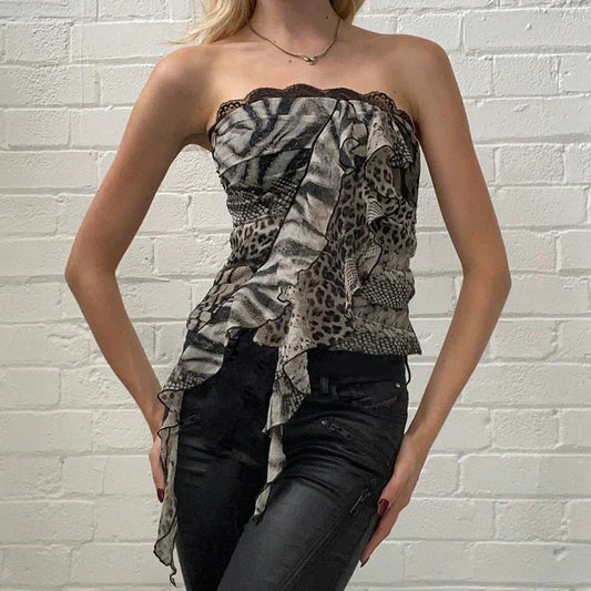 Goth Leopard Print Corset Top Ruffles Patchwork Strapless Skinny Tube Tops Harajuku y2k Cropped Top Streetwear Tees