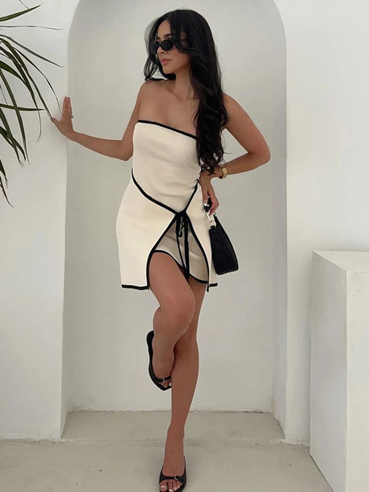 Fashion Slim Knitted Tube Top Dress Woman Contrast Color Splice Sleeveless Mini Dress Sexy Elegant Beach Holiday Dresses