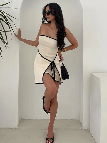 Fashion Slim Knitted Tube Top Dress Woman Contrast Color Splice Sleeveless Mini Dress Sexy Elegant Beach Holiday Dresses