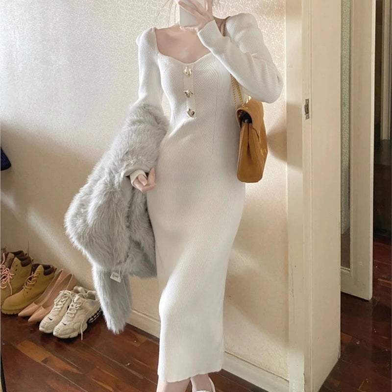 Autumn Winter New Knitted Dresses for Women Solid Square Collar Slim Bodycon Vintage Chic Korean Fashion Midi Vestidos Mujer