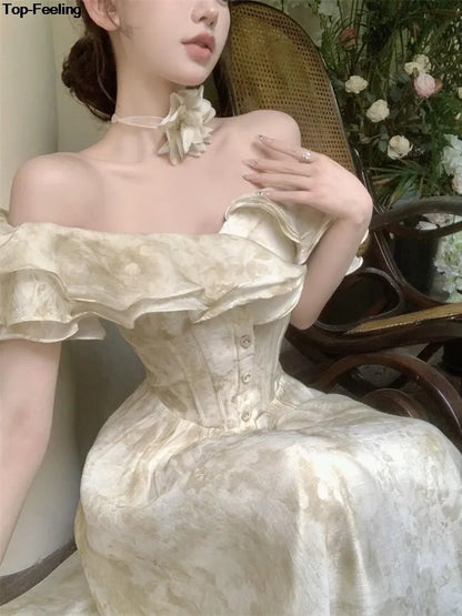 Summer New Floral Midi Dresses for Women Elegant Casual Birthday Party Dress Vintage Chic A-Line Prom Robe Wedding Vestido Mujer