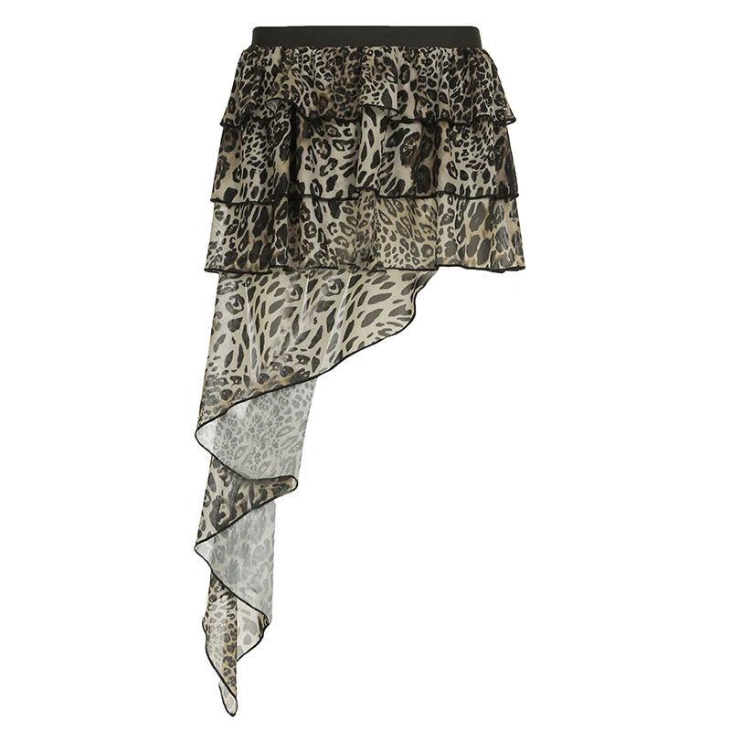 Hotsweet Irregular Tiered Cake Skirt Women Y2k Chic Leopard Print Gyaru Design Mini Skirt s New