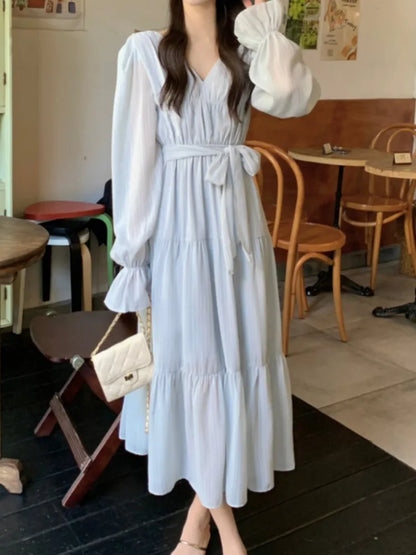 Elegant Autumn Midi Dresses for Women V-neck Flare Sleeves A-line Solid Korean Fashion Casual French Vintage Vestidos Mujer New